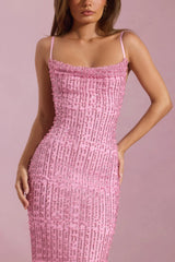 Embellished Cowl-Neck Backless Maxi Dress in Pink