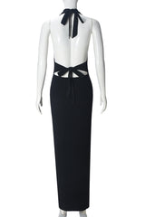Halter Black Plunge Fitted Slit Dress