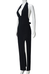 Halter Black Plunge Fitted Slit Dress