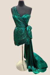 Green One Shoulder Ruched Short Dress