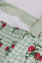 Green Plaid Swing Dress with Floral Prints